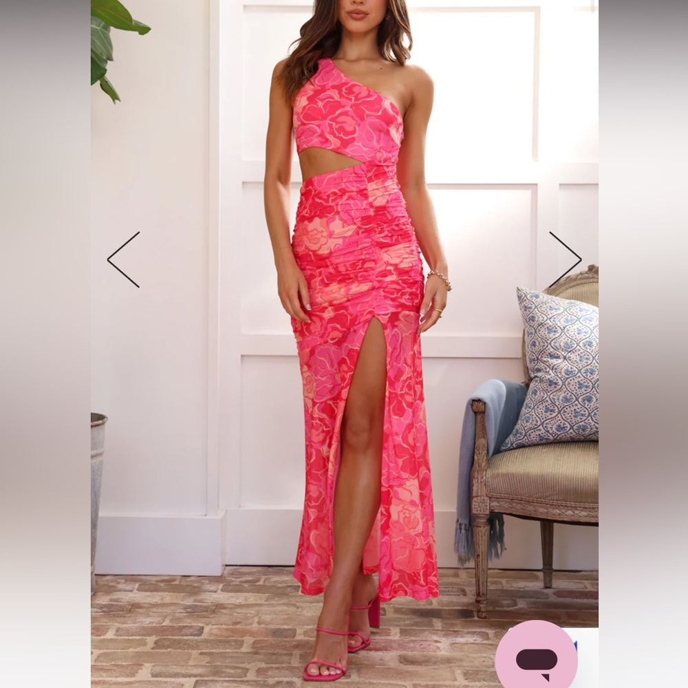 Hello Molly Fun Levels One Shoulder Mesh Maxi dress in pink size XS